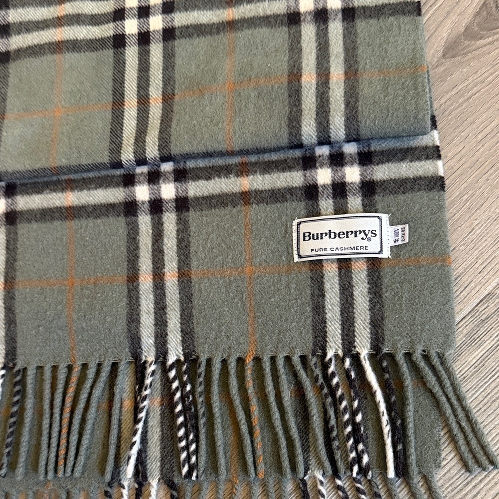 Vintage Burberrys light Olive and Orange Plaid Cashmere Scarf